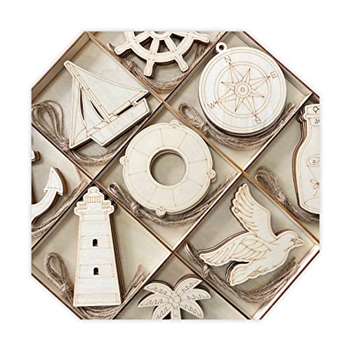 45 Pack Unfinished Nautical Wood Cutouts for Crafts, Wooden Anchor,Sailboat,Ship Wheel,Compass for DIY Project 3.5 Inch 5 Peices Each Cregugua