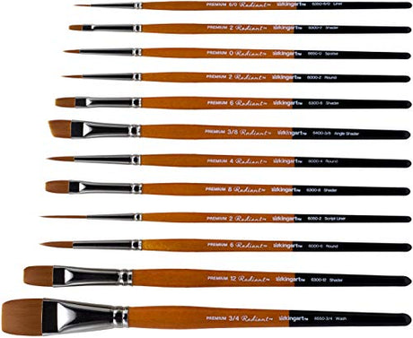 KINGART Radiant TAKLON Set of 12 Paint Brush Set, Assorted, Gold, Silver, Black, Wood Stain KINGART