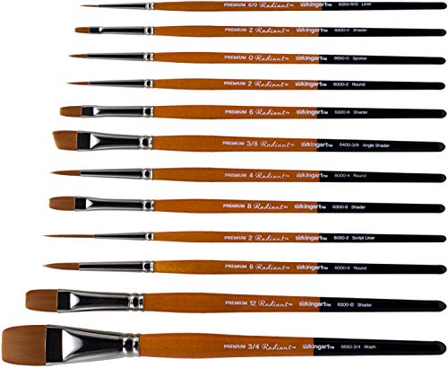 KINGART Radiant TAKLON Set of 12 Paint Brush Set, Assorted, Gold, Silver, Black, Wood Stain KINGART