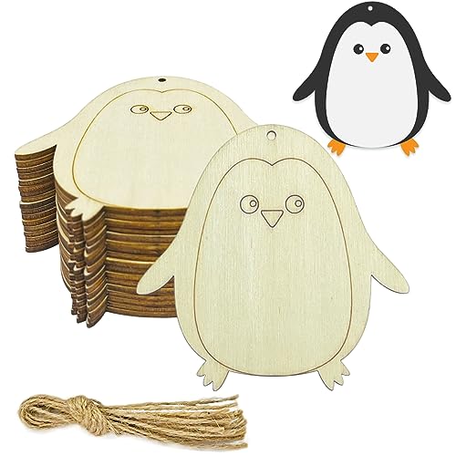 20PCS Unfinished Penguin Wood Cut Out Penguin Wood DIY Crafts Cutouts Blank Wooden Penguin Shaped Hanging Ornaments with Hole Hemp Ropes Gift Tags - WoodArtSupply