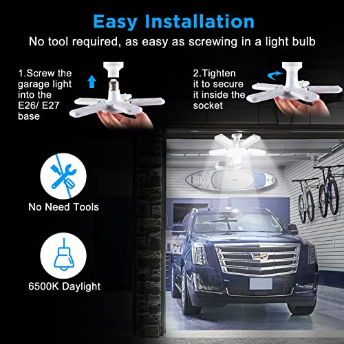 Kofarrten LED Garage Lights, 80W LED Garage Ceiling Lights with 5 Deformable Panels, 8000LM LED Shop Lights for Garage E26/E27 LED Light Bulbs for Kofarrten