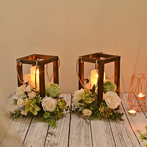 Yorkmills Wedding Lantern Candle Holders for Table Centerpiece Set of 2, Farmhouse Decor Hanging Wooden Candle Holder for Flameless Candles, Rustic - WoodArtSupply