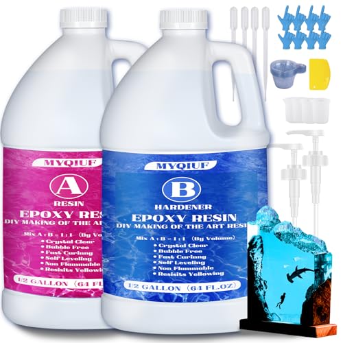 Myqiuf Epoxy Resin Kit, 1 Gallon/128OZ Epoxy Resin Crystal Clear Not Yellowing No Bubble Self Leveling for DIY Molds Wood Jewelry Table Tops Bar Top Myqiuf