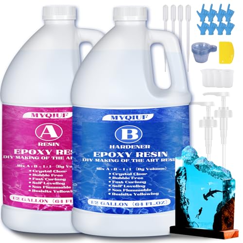 Myqiuf Epoxy Resin Kit, 1 Gallon/128OZ Epoxy Resin Crystal Clear Not Yellowing No Bubble Self Leveling for DIY Molds Wood Jewelry Table Tops Bar Top - WoodArtSupply