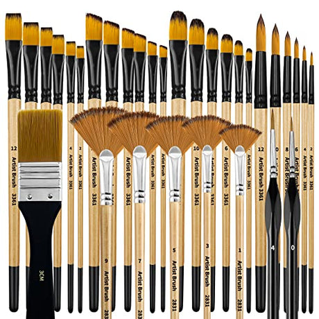 Bougimal 32 Pieces Paint Brush Set, Artist Series, Nylon Bristles with Round, Filbert, Flat, Fan, Angle, Fine Detail Brush, Suitable for Artists and Bougimal