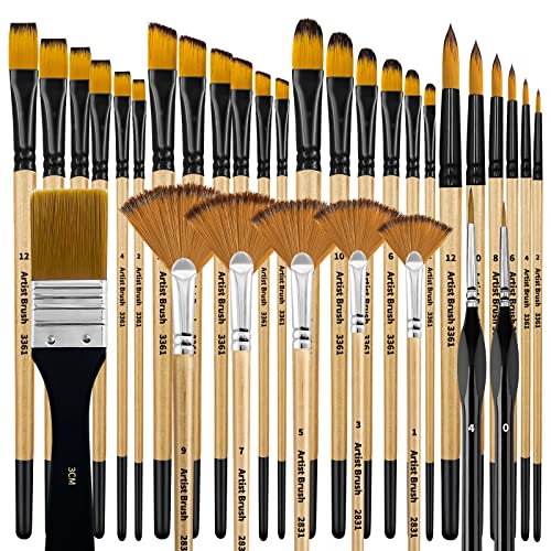 Bougimal 32 Pieces Paint Brush Set, Artist Series, Nylon Bristles with Round, Filbert, Flat, Fan, Angle, Fine Detail Brush, Suitable for Artists and