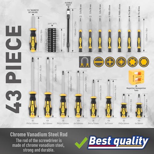 Magnetic Screwdrivers Set with Case, Amartisan 43-piece Includs Slotted, Phillips, Hex, Pozidriv,Torx and Precision Screwdriver Set, Magnetizer