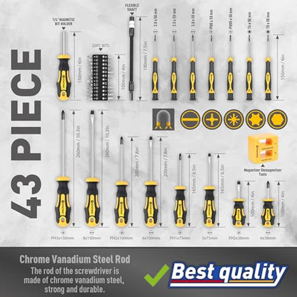 Magnetic Screwdrivers Set with Case, Amartisan 43-piece Includs Slotted, Phillips, Hex, Pozidriv,Torx and Precision Screwdriver Set, Magnetizer