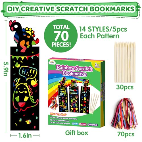ZMLM Animal Scratch Bookmark for Kids: 70 Pcs 14 Style Magic Scratch Rainbow Bookmarks Making Kit for Girl Boy Party Favor Classroom Activity DIY