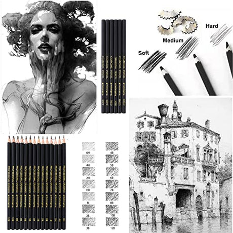 Heshengping Drawing Pencils Sketch Pencil Art Supplies Set for Kids Adults beginners Professional Sketching Art Graphite Charcoal Blending Stump Heshengping