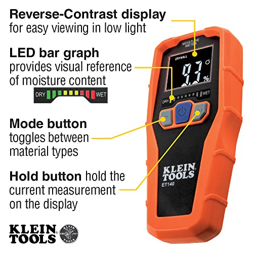 Klein Tools ET140 Pinless Moisture Meter for Non-Destructive Moisture Detection in Drywall, Wood, and Masonry; Detects up to 3/4-Inch Below Surface Klein Tools