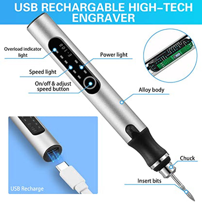 Jutom 2 Pcs USB Rechargeable Engraving Pen with Bits Cordless Engraving Machine Electric Mini Metal Engraving Tools DIY Rotary Engraver for Jewelry - WoodArtSupply