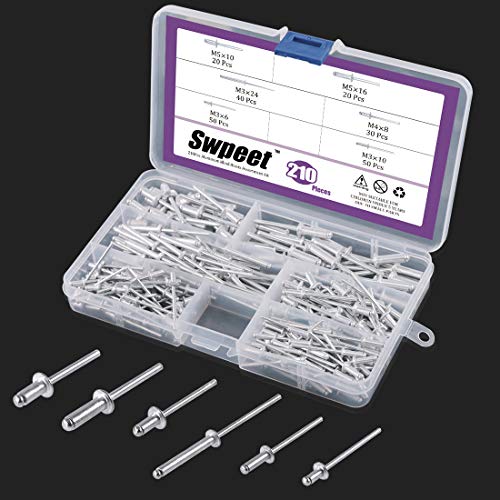 Swpeet 211Pcs Black Alloy Steel Electric Rivet Gun Adapter Kit, Including 2.4/3.2/4.0/4.8mm Diameter Rivet Head and Handle Wrench with 500Pcs Swpeet