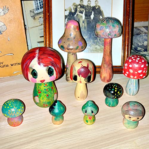 12Pcs Unfinished Wooden Mushroom Natural Mini Wooden Mushroom Various Sizes Plain Unpainted Wooden Mushroom for Arts and Crafts Projects, DIY Tmtains