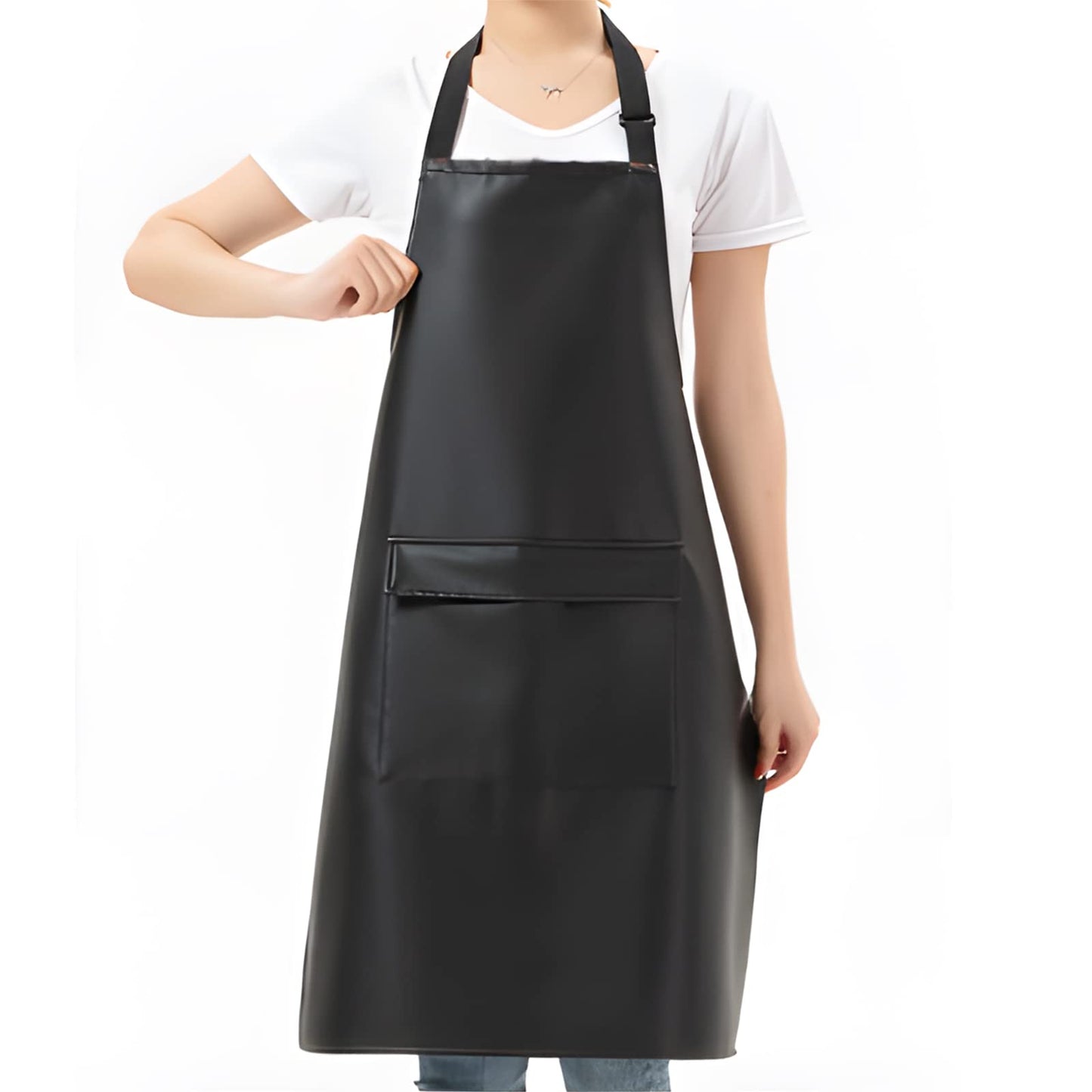 RUIFYRAY Black Vinyl Leather Apron with Pockets for Women, Waterproof for Kitchen, Cooking, Dishwashing, Dog Grooming - WoodArtSupply