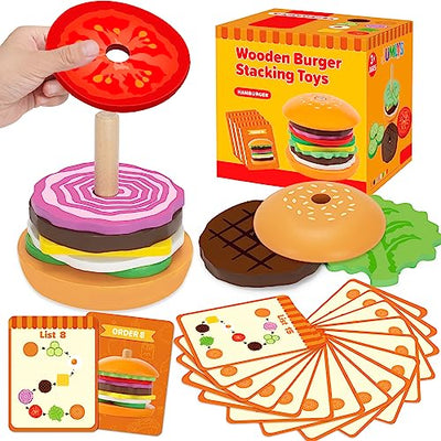 Jumlys Montessori Toys for 2, 3, 4, 5, Year Old, Wooden Burger Stacking Toys, Fine Motor Toys for Kids Boys Girls, Ideal Preschool Educational and