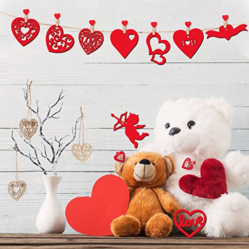 45 Pieces Valentine Wooden Cutouts Wood Heart Cutouts Ornaments Unfinished Heart Wood Slices Wood Cupid Shape Slices with 45 Pieces Hemp Rope for Maitys