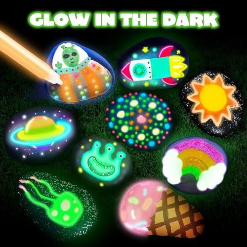 12 Rock Painting Kit, 43 Pcs Arts and Crafts for Kids Ages 4-8+, Art Supplies with 18 Paints (Glow in The Dark & Metallic & Standard), Craft Paint JOYIN
