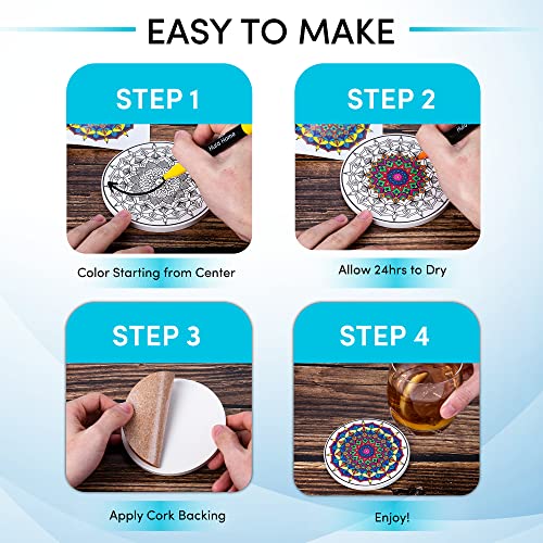 Hula Home Color Your Own Coaster Mandalas w/Markers | 8 Absorbent Ceramic Tiles w/Cork Base | Gift Arts and Crafts DIY Kit for Adults, Hobby, Teens, Hula Home