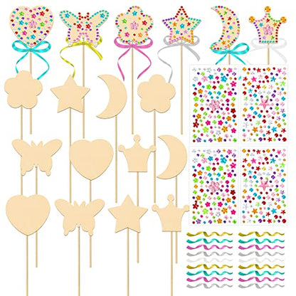 OPUHOHR 18 Sets Wood Fairy Wands Craft Project Kits, Princess Fairy Wands Kit with Gem Stickers, Ribbons Unfinished Wooden DIY Magical Wand, DIY - WoodArtSupply