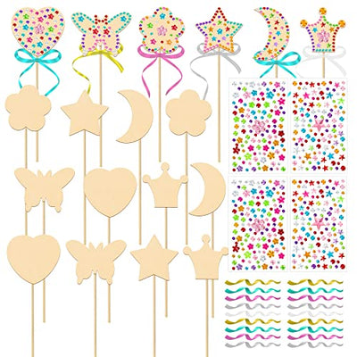 OPUHOHR 18 Sets Wood Fairy Wands Craft Project Kits, Princess Fairy Wands Kit with Gem Stickers, Ribbons Unfinished Wooden DIY Magical Wand, DIY