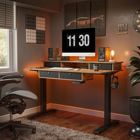 FEZIBO 55 x 24 Electric Standing Desk Adjustable Height with 4 Drawers, Sit Stand Desk with Storage Shelf, Rising Desk with Splice Board, Black FEZIBO