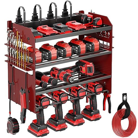 POKIPO Power Tool Organizer Wall Mount with Charging Station, Heavy Duty 4 Layer Drill Holder, Tool Storage in 8 Outlet Power Strip, Utility Rack POKIPO