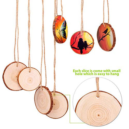 Fuyit Natural Wood Slices 25 Pcs 3.1-3.5 Inches Craft Wood Kit Unfinished Predrilled with Hole Wooden Circles Tree Slices for Arts and Crafts