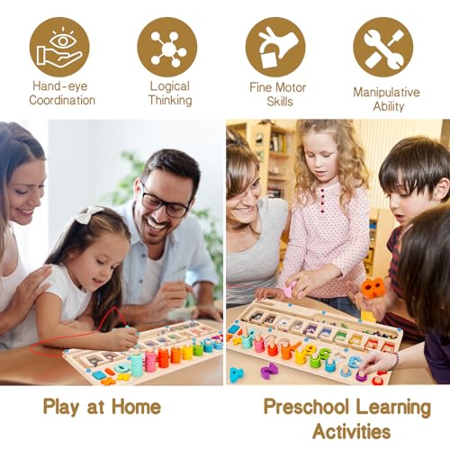 3 in 1 Magnetic Color and Number Maze - Wooden Montessori Shape Sorting Counting Puzzle Game Kindergarten Learning Stacking Fine Motor Travel Toy 2 3
