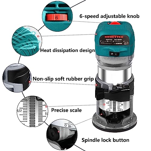 Dobetter 6.5-Amp Wood Router Tool, 1.25 HP Compact Trim Router with 6 Variable Speed, 12 Wood Router Bits, 1/4" & 3/8" Collets and Dust Hood -DBTR700 Dobetter