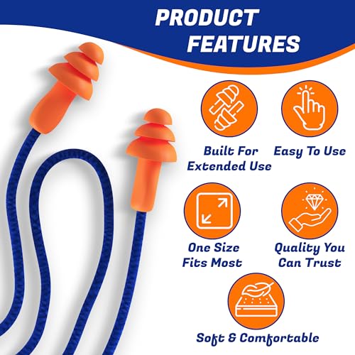 Quality Reusable Earplugs 100 Pair - 25dB Corded Silicone Ear Plugs for Shooting Noise Reduction Construction Work - Motorcycle Ear Plugs with String Quality Plugs by Rips