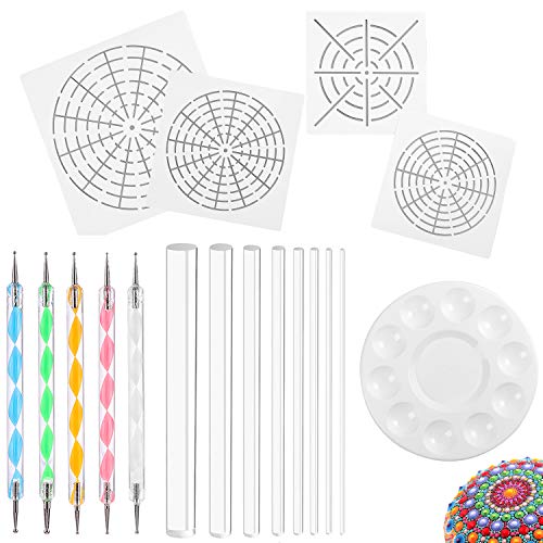 Whaline 18 Set Art Dotting Tools Mandala Dotting Tools Including 4 Mandala Stencils, 8 x Acrylic Rods, Paint Tray and 5 Double Sided Dotting Tools Whaline