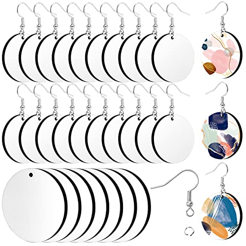 Whaline 30Pcs Sublimation Blank Earrings Round MDF Board White Earrings Heat Transfer Earrings Unfinished Wood Earring for Jewelry DIY Making Crafts Whaline