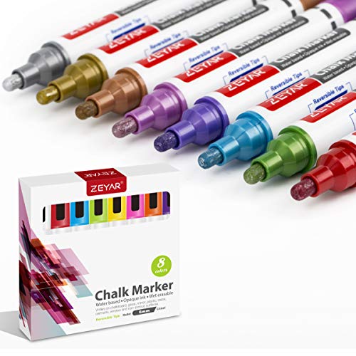 ZEYAR Liquid Chalk Marker-Wet Erase Marker, 6mm Reversible Tip-Bullet or Chisel, 8 Colors, Writes on Chalkboards, Bistro Boards, Windows and Plastic - WoodArtSupply