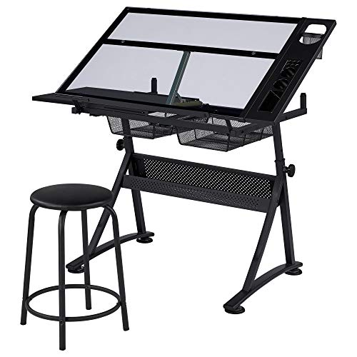 Topeakmart Height Adjustable Drafting Desk Artist Drawing Table Tilted Tabletop Art Desk Work Station w/2 Storage Drawers and Stool for Home Office Topeakmart