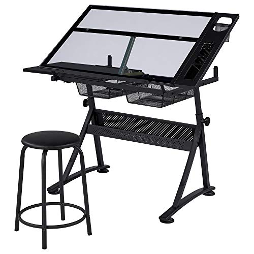 Topeakmart Height Adjustable Drafting Desk Artist Drawing Table Tilted Tabletop Art Desk Work Station w/2 Storage Drawers and Stool for Home Office - WoodArtSupply