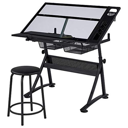 Topeakmart Height Adjustable Drafting Desk Artist Drawing Table Tilted Tabletop Art Desk Work Station w/2 Storage Drawers and Stool for Home Office