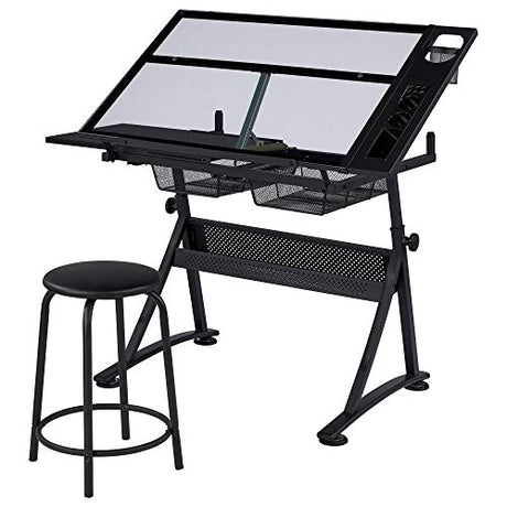 Topeakmart Height Adjustable Drafting Desk Artist Drawing Table Tilted Tabletop Art Desk Work Station w/2 Storage Drawers and Stool for Home Office Topeakmart