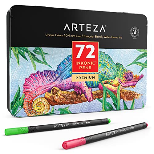 ARTEZA Inkonic Fineliners, Set of 72, 0.4 mm Tips Fine Point Markers, Assorted Art Pens, Water-Based Fine Tip Markers for Drawing, Sketching,