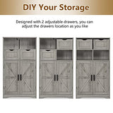 WEENFON Floor Storage Cabinet with 2 Adjustable Drawers & 2 Barn Doors, Standing Cupboard with 2 Shelf, for Living Room, Home Office, Kitchen, Grey WEENFON