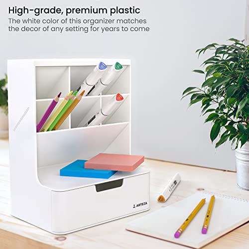 ARTEZA Desktop Pen and Marker Organizer, 6-Compartment White Pen Holder for Desk with Stationery Drawer, 5.43in x 7.09in x 9.33in, Makeup Organizer