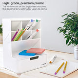 ARTEZA Desktop Pen and Marker Organizer, 6-Compartment White Pen Holder for Desk with Stationery Drawer, 5.43in x 7.09in x 9.33in, Makeup Organizer ARTEZA