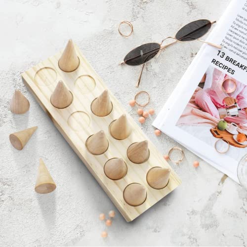 LIOUCBD 12 Fingers Wood Ring Display Stand Cone Ring Holders, Jewelry Display Holder Showcase, Ring Bracelet Organizer for Girls Women Jewelry