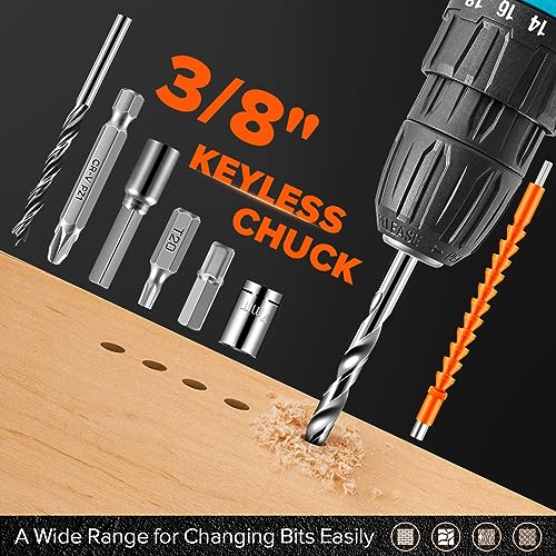 Saker Cordless Drill Set, 20V Electric Drill with Drill/Screwdriver Bits, 3/8-Inch Keyless Chuck, 2 Variable Speeds, 18+1 Torque Setting Battery Saker