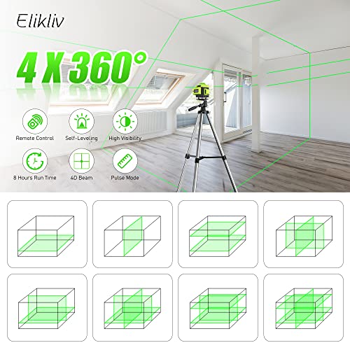 Laser Level Self Leveling - Elikliv 200ft Outdoor Robust Indoors 4D Green Cross Line Laser Level 4x360 Horizontal Vertical Dual-beam Lasers for DIY - WoodArtSupply