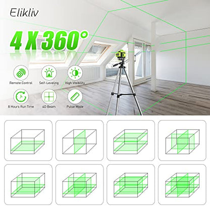 Laser Level Self Leveling - Elikliv 200ft Outdoor Robust Indoors 4D Green Cross Line Laser Level 4x360 Horizontal Vertical Dual-beam Lasers for DIY - WoodArtSupply