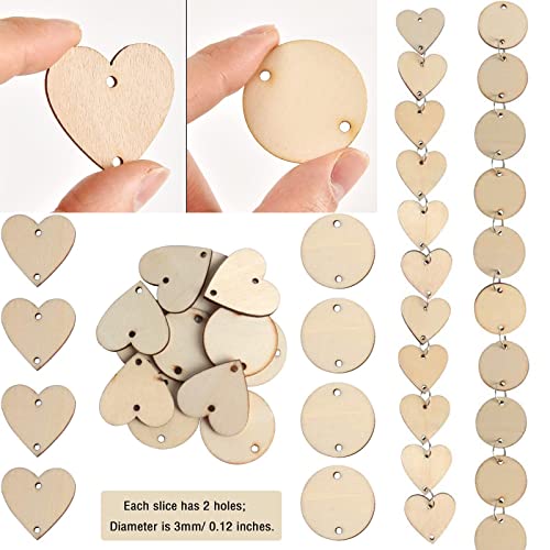 Qililandiy 200 Pcs Wooden Ornaments Heart Tags with Holes and 12mm Ring Circle Hook Connectors for Chrstmas Birthday Boards, Valentine, Chore Boards