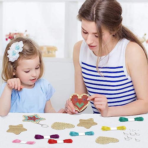 VKPI Wooden Cross Stitch Kits for Kids, Make Your Own 6 Cross Stitching Keyrings, Wood Sewing Kit, Arts & Crafts Stars, Hearts Ornaments, Plastic VKPI