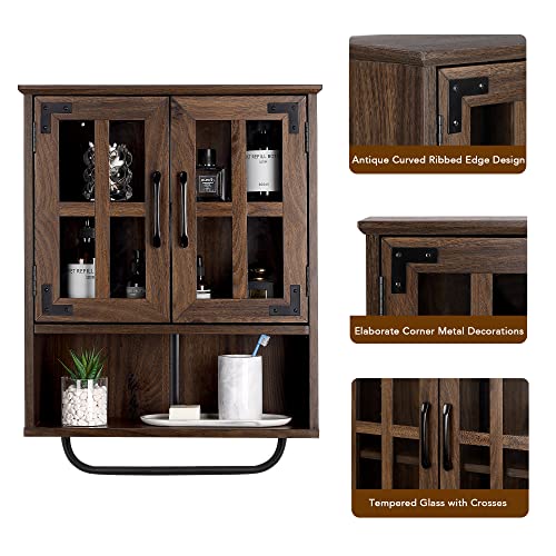 RUSTOWN Wood Wall Storage Cabinet with Cross Glass Doors, Farmhouse Wall Mounted 3 Tier Rustic Cabinet with Adjustable Shelves and Towel Bar for - WoodArtSupply