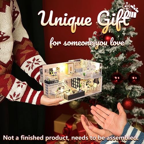 DIY Miniature Dollhouse Kit, Tiny House Model Kit with Music Box & LED Light & Dust Proof Cover, 1:24 Scale, 3D Wooden Puzzle for Adults, Handmade Hallisun